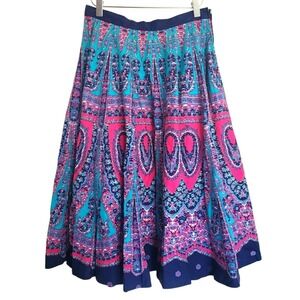 Vibrant 28 Waist Full Pink Blue Printed Cotton Midi Skirt